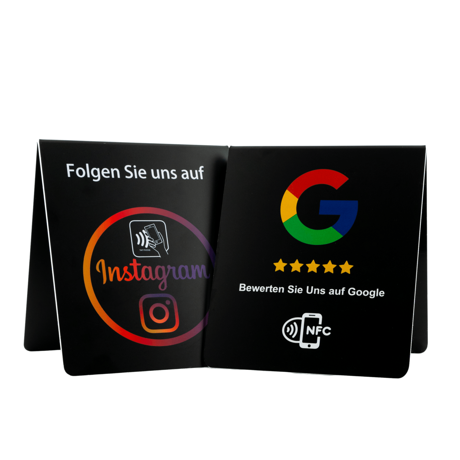 Doppelseitiger NFC - Aufsteller für mehr Google Bewertungen und Instagram - Follower - Custom Ratings